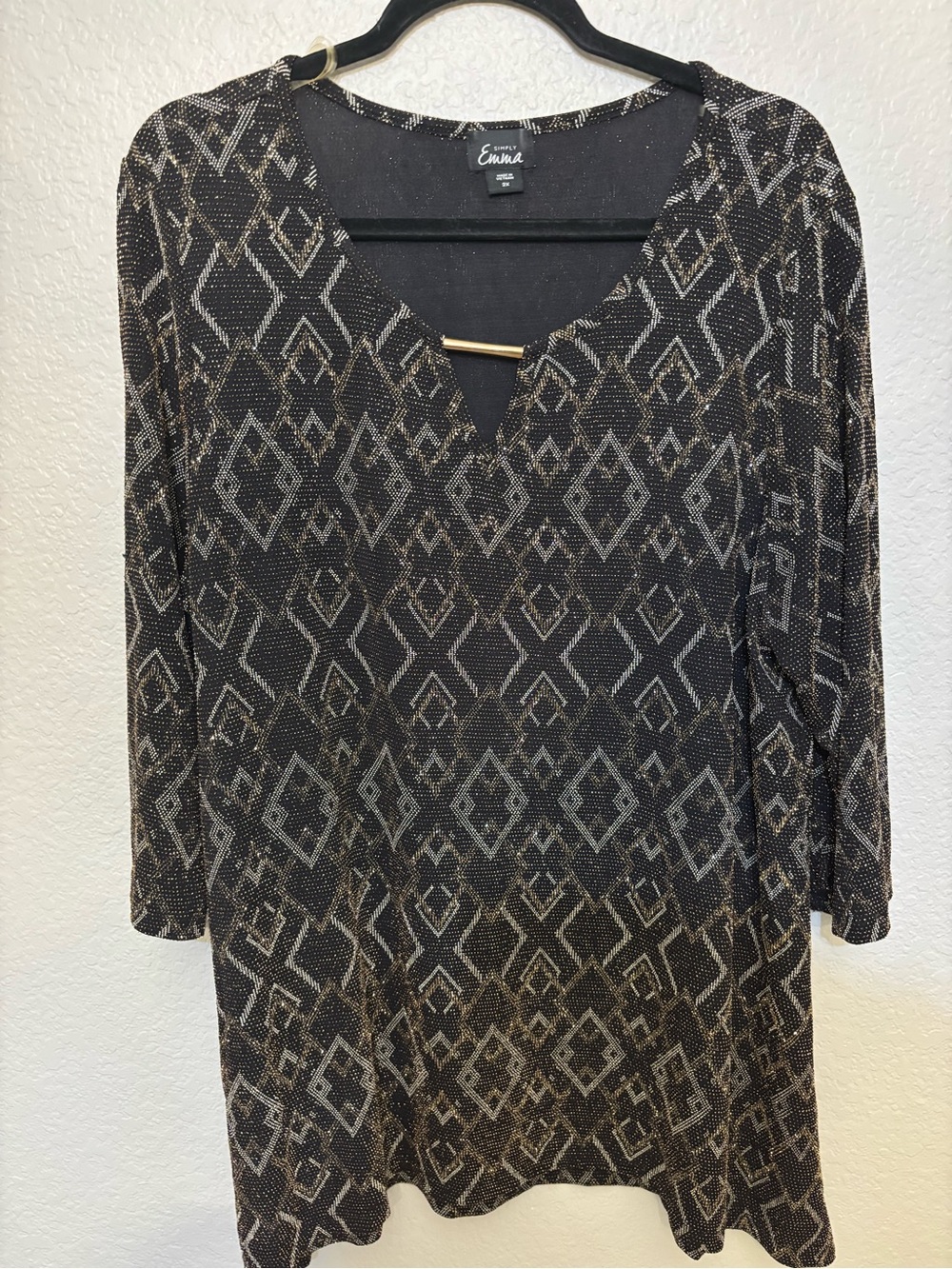 Black & Gold Patterned V-Neck Women's Top with a Little Bit of Sparkle